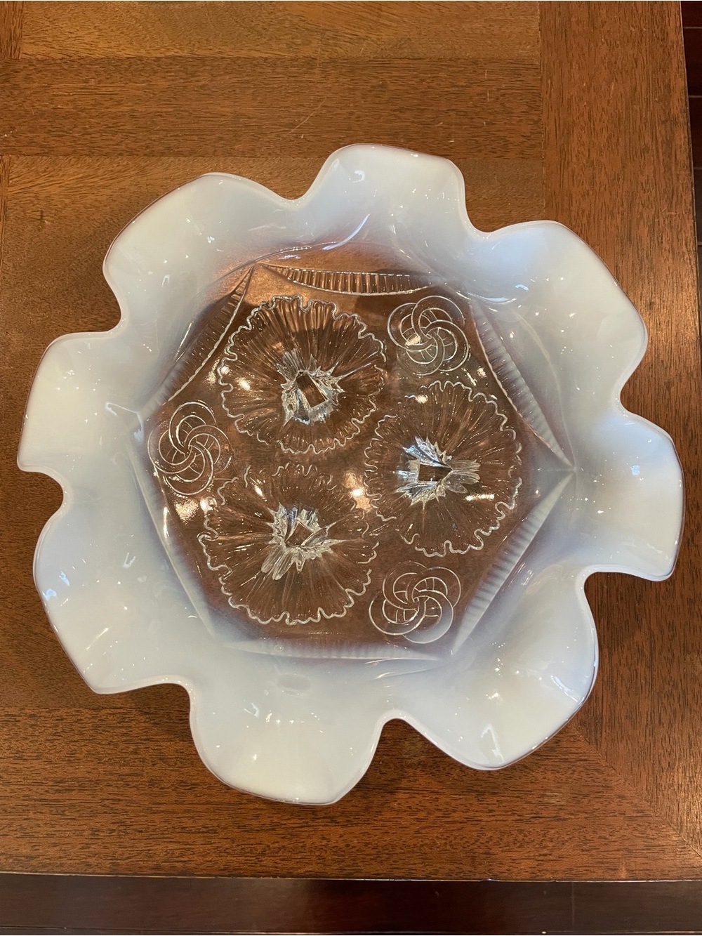 Ruffled and Rings Milk Glass Bowl with Pressed Glass Center